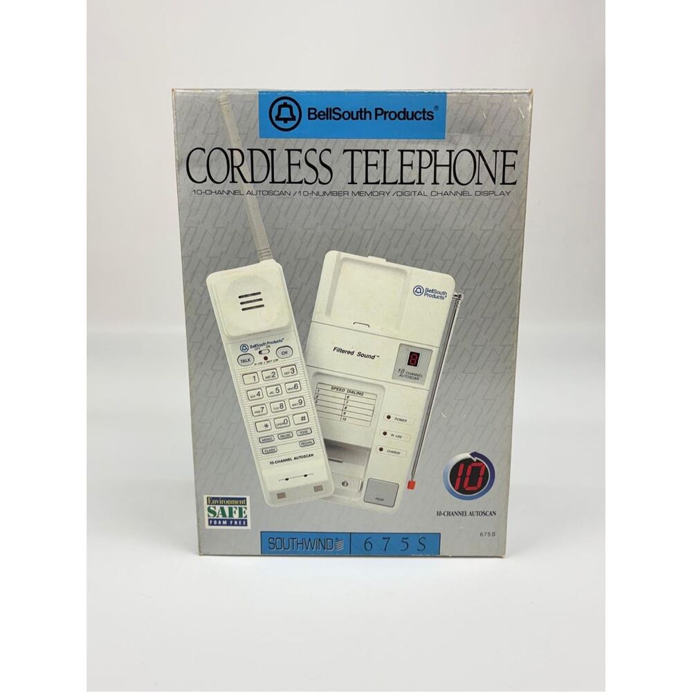 Vintage 1990 BellSouth Southwind 675S Cordless Telephone 10 Channel w/ Orig Box